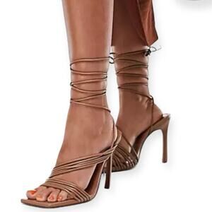 ASOS DESIGN Nest strappy tie leg heeled sandals in beige Size US 6
